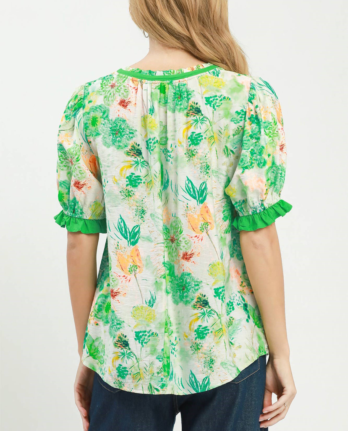 Umgee Abstract Print Ruffle V-Neck Top Green Mix