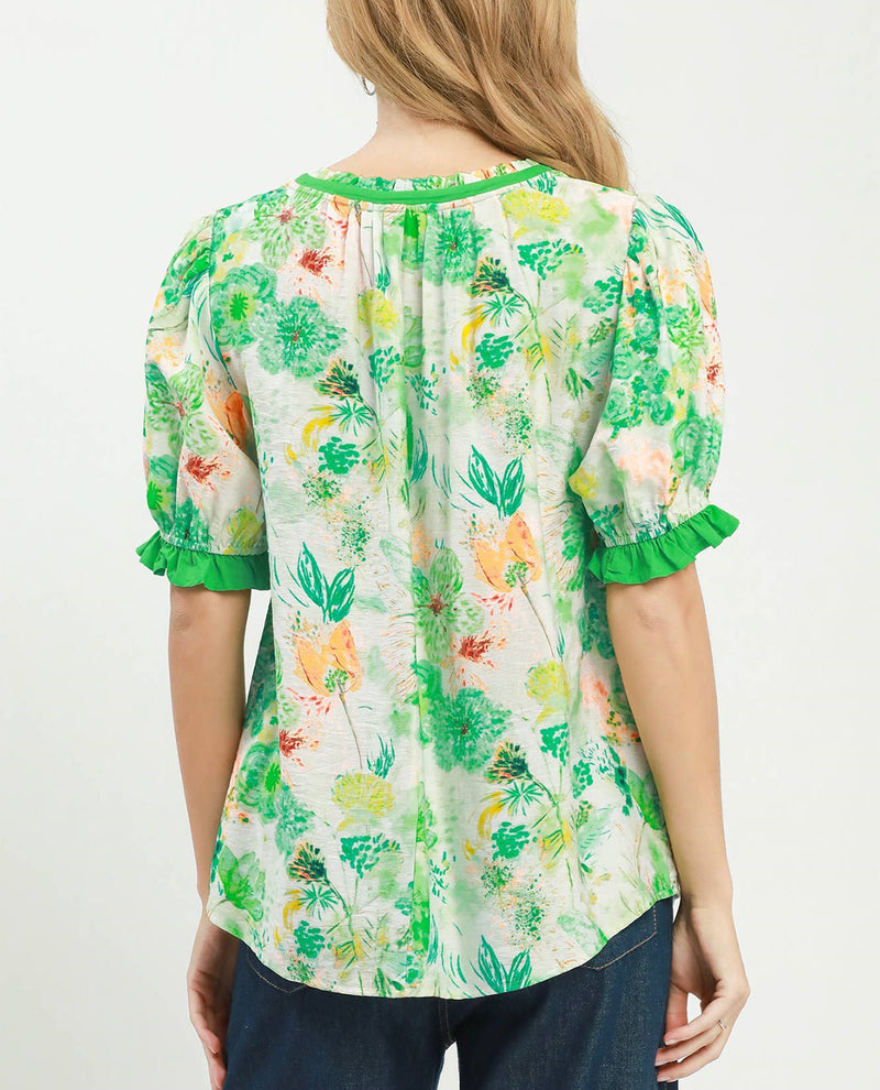 Umgee Abstract Print Ruffle V-Neck Top Green Mix