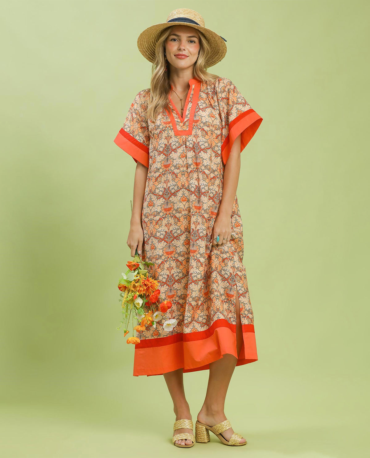 Umgee Print Mandarin Collar Kaftan Dress Tangerine