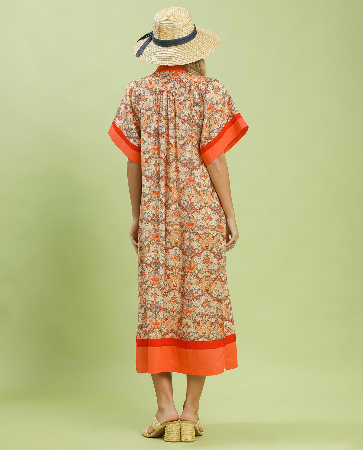 Umgee Print Mandarin Collar Kaftan Dress Tangerine