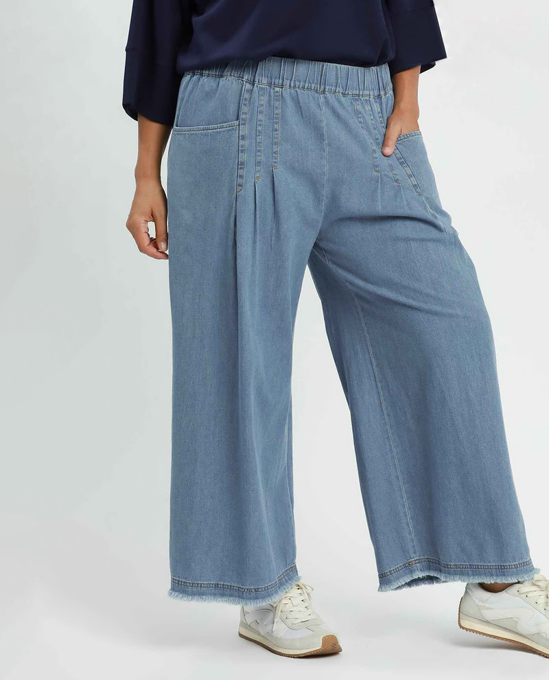 Person wearing light blue wide-leg jeans on a plain background