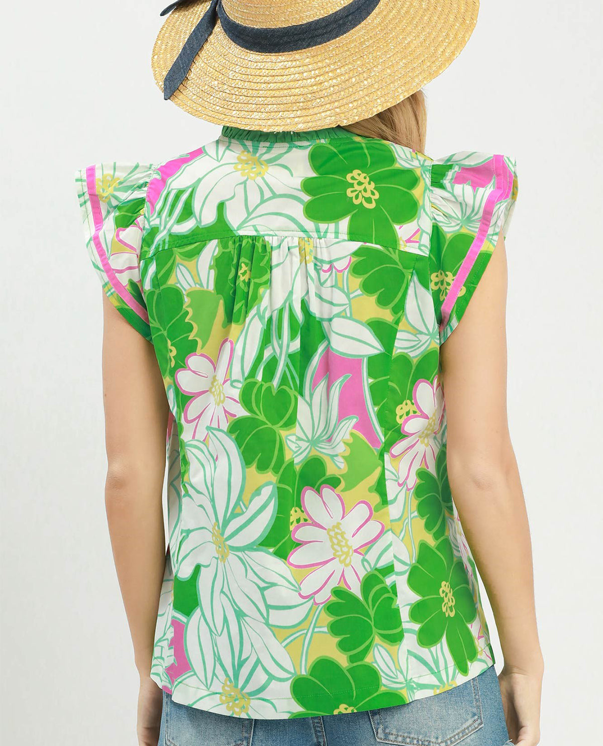 Umgee Floral Print Top With Contrast Trim Green Mix