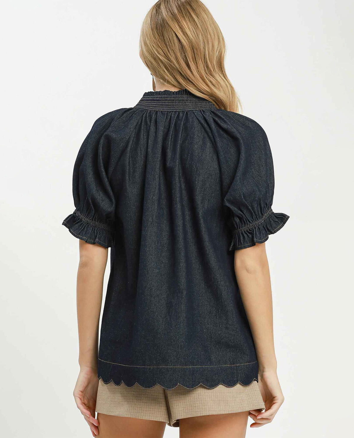 Umgee Bubble Sleeve V-Neck Chambray Top Indigo