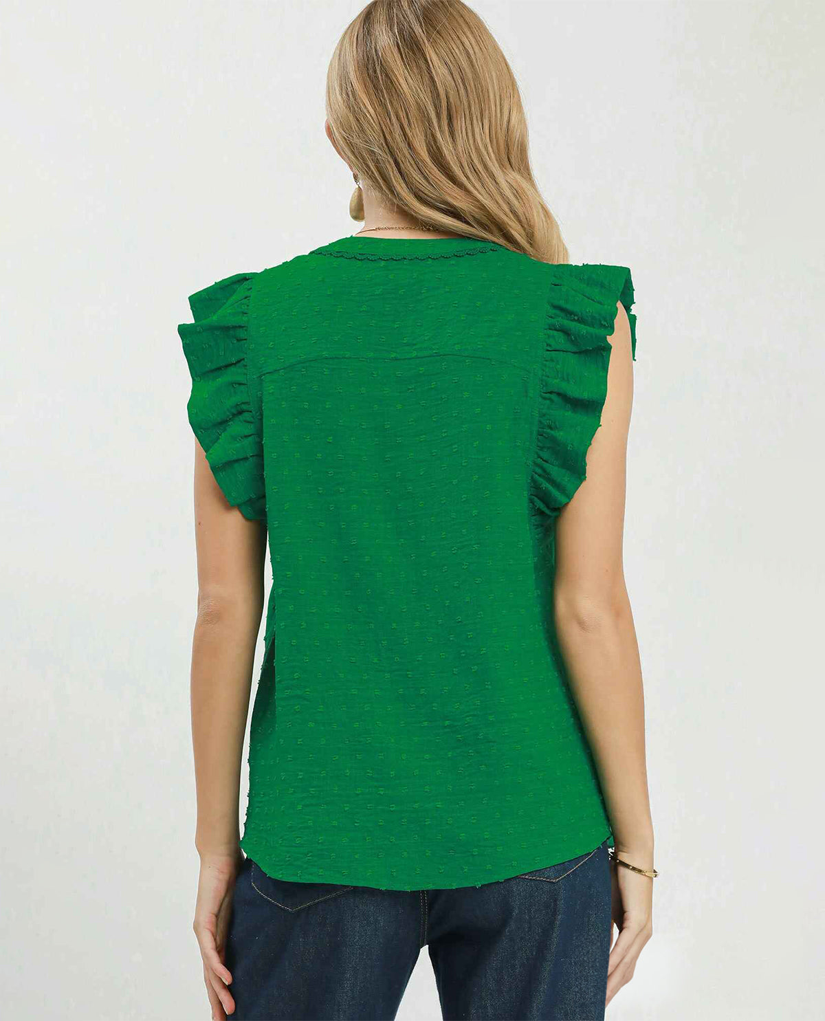 Umgee V-Neck Sleeveless Top With Ruffle And Lace Green