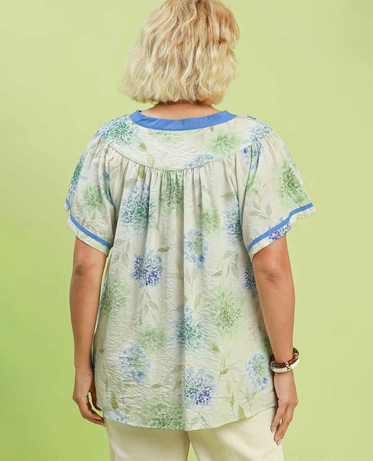 Umgee Madarin Collar V-Neck Top With Contrast Trim Blue