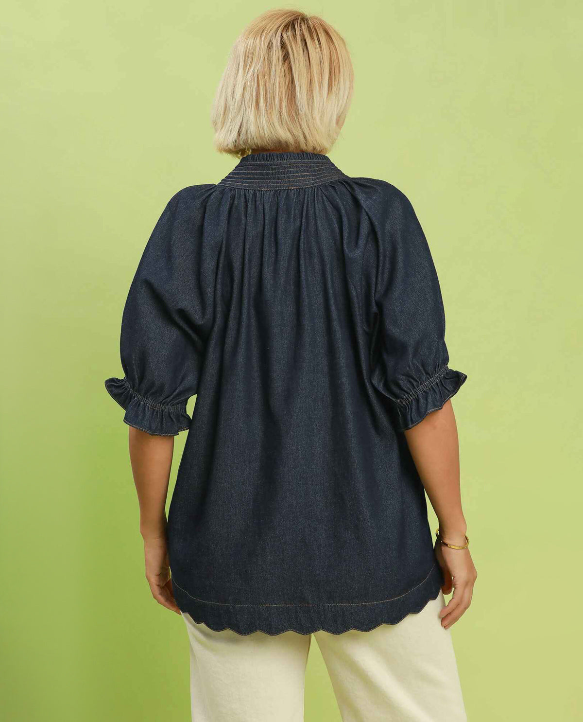 Umgee Bubble Sleeve V-Neck Chambray Top Indigo