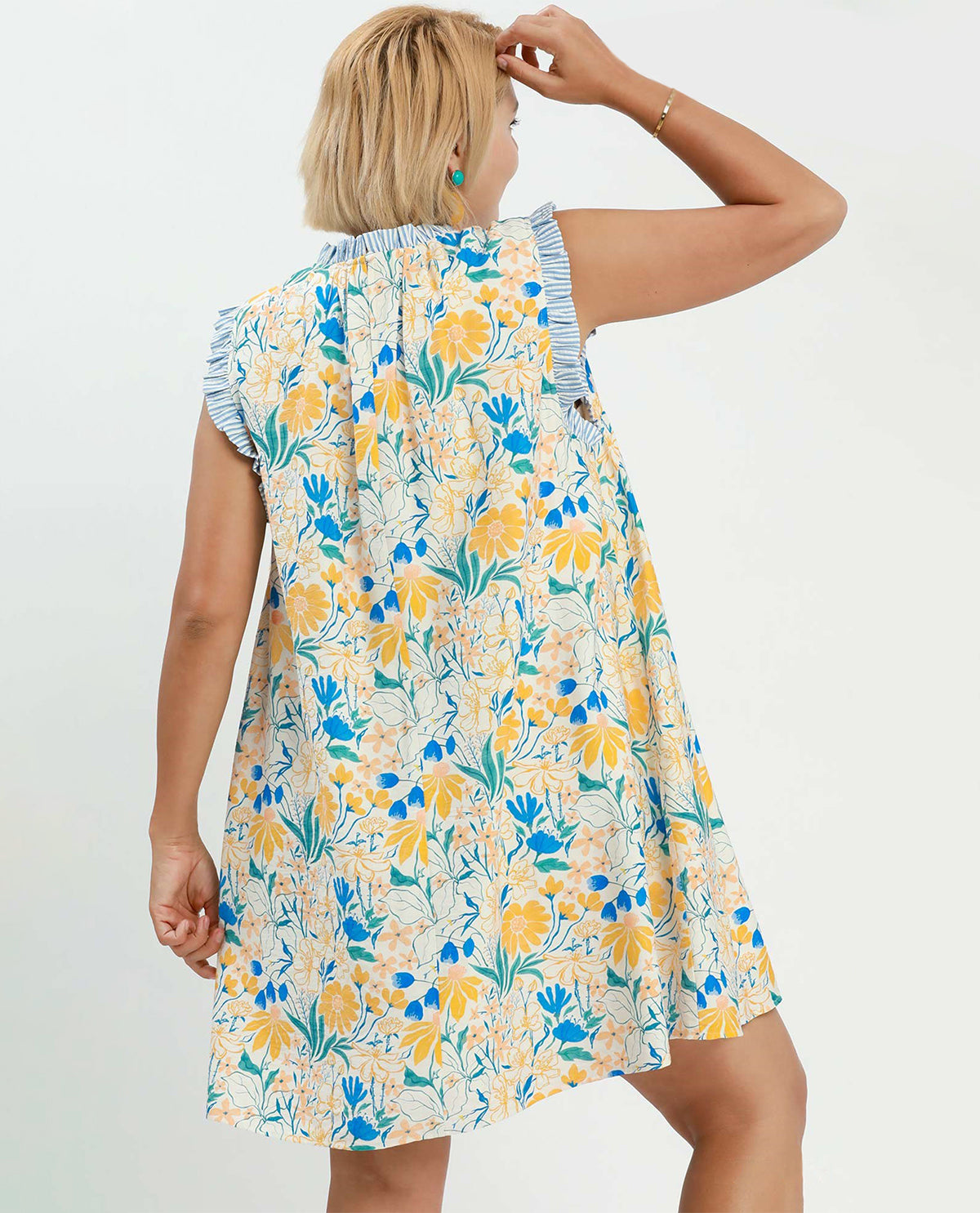 Umgee Flower Print Ruffle Neck Dress Blue Mix