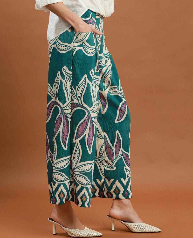 A person wearing wide-leg cropped pants with a bold botanical print in teal, cream, and purple, paired with a white top and beige pointed-toe mule heels against a solid warm brown studio background.