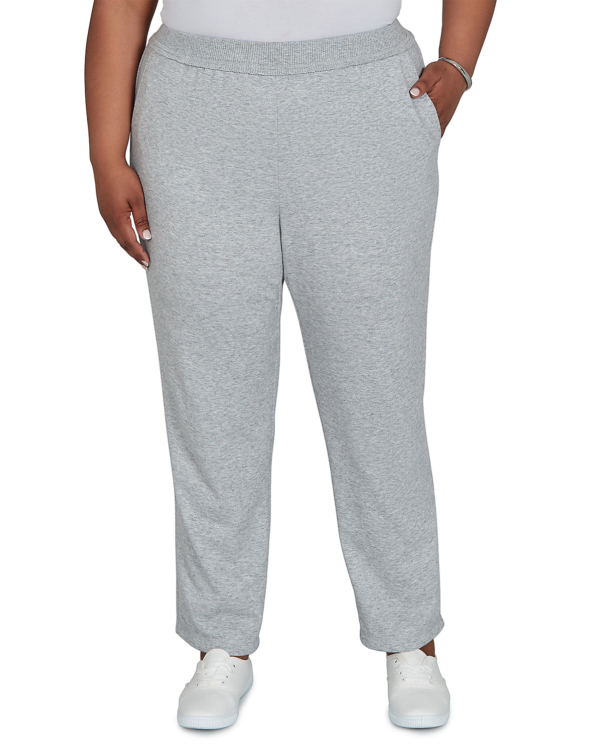 Plus size model wearing short gray trouser pants