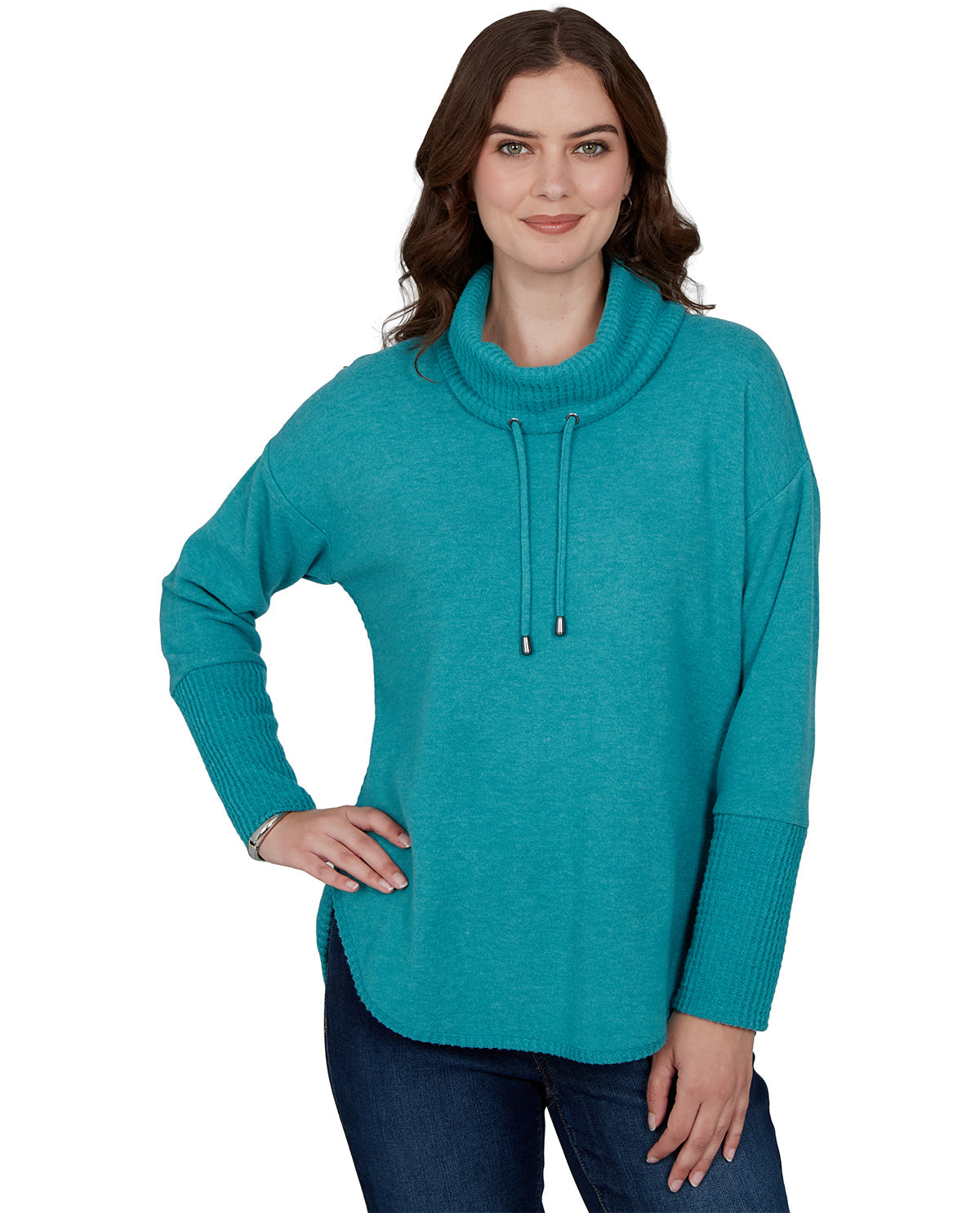 Woman wearing a teal cowl-neck sweater on a white background