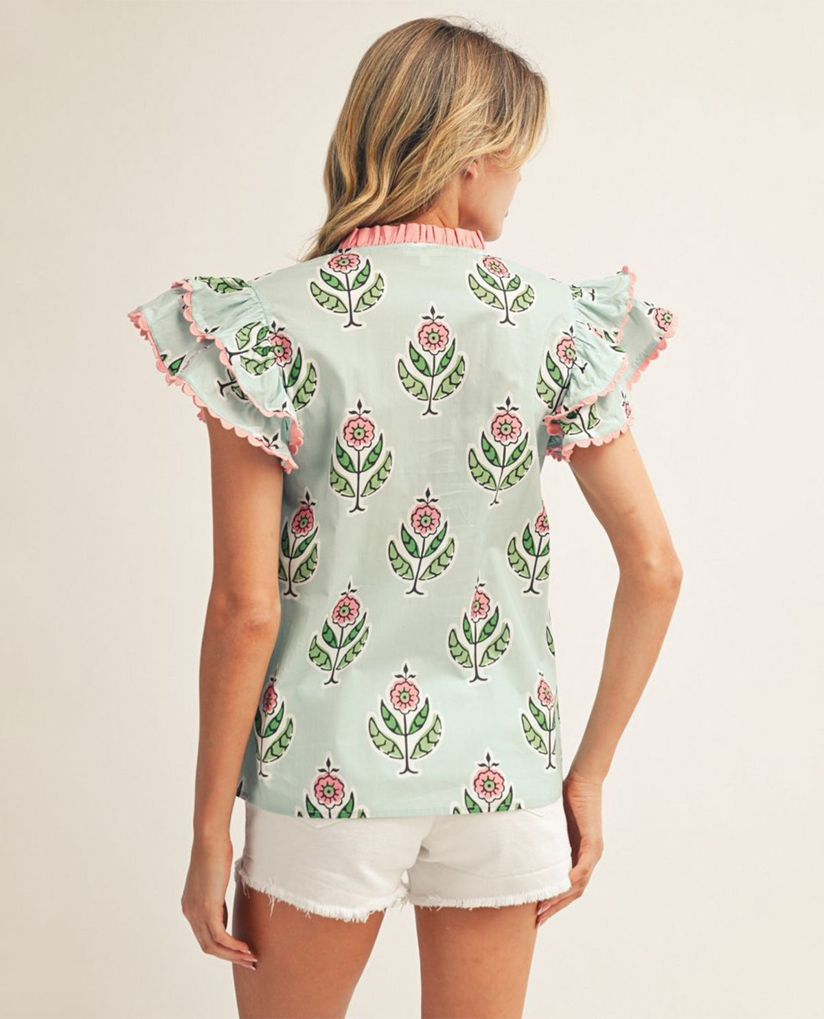 Jodifl Flutter Sleeve Top With Solid Trim Mint