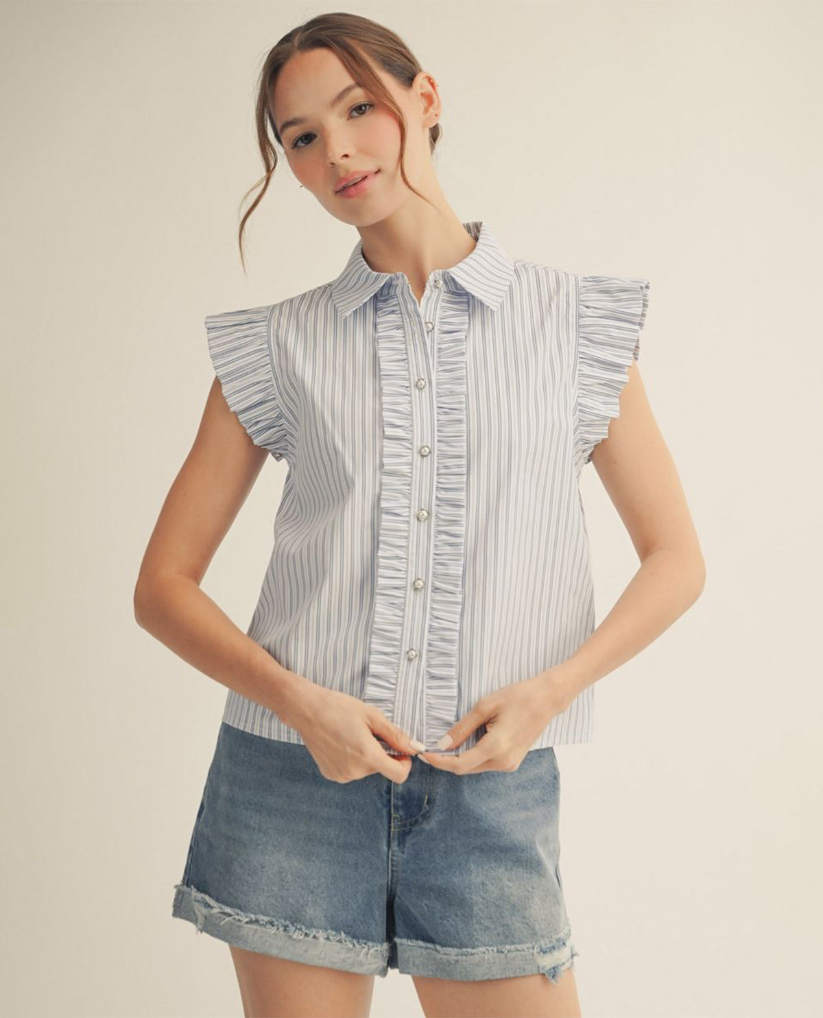 Jodifl Stripe Button Front Top With Ruffle Sleeves White