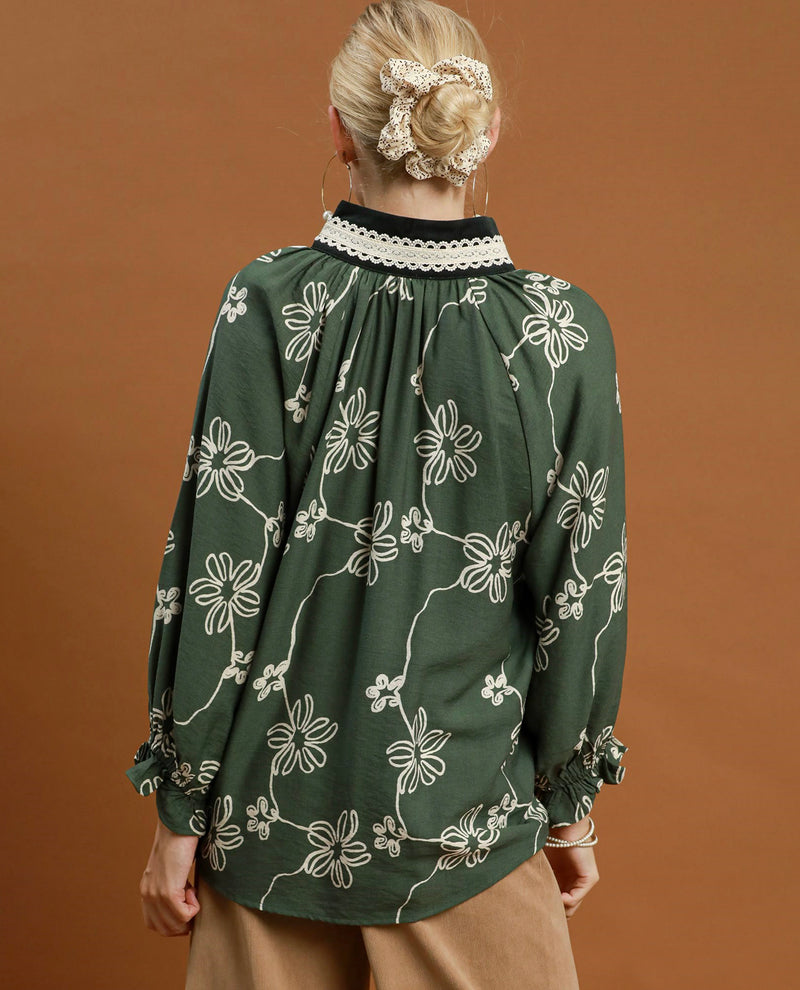 A woman viewed from behind wearing a dark green long-sleeve blouse with a white floral pattern, a black collar with white lace trim, and beige pants, set against a solid warm brown background.