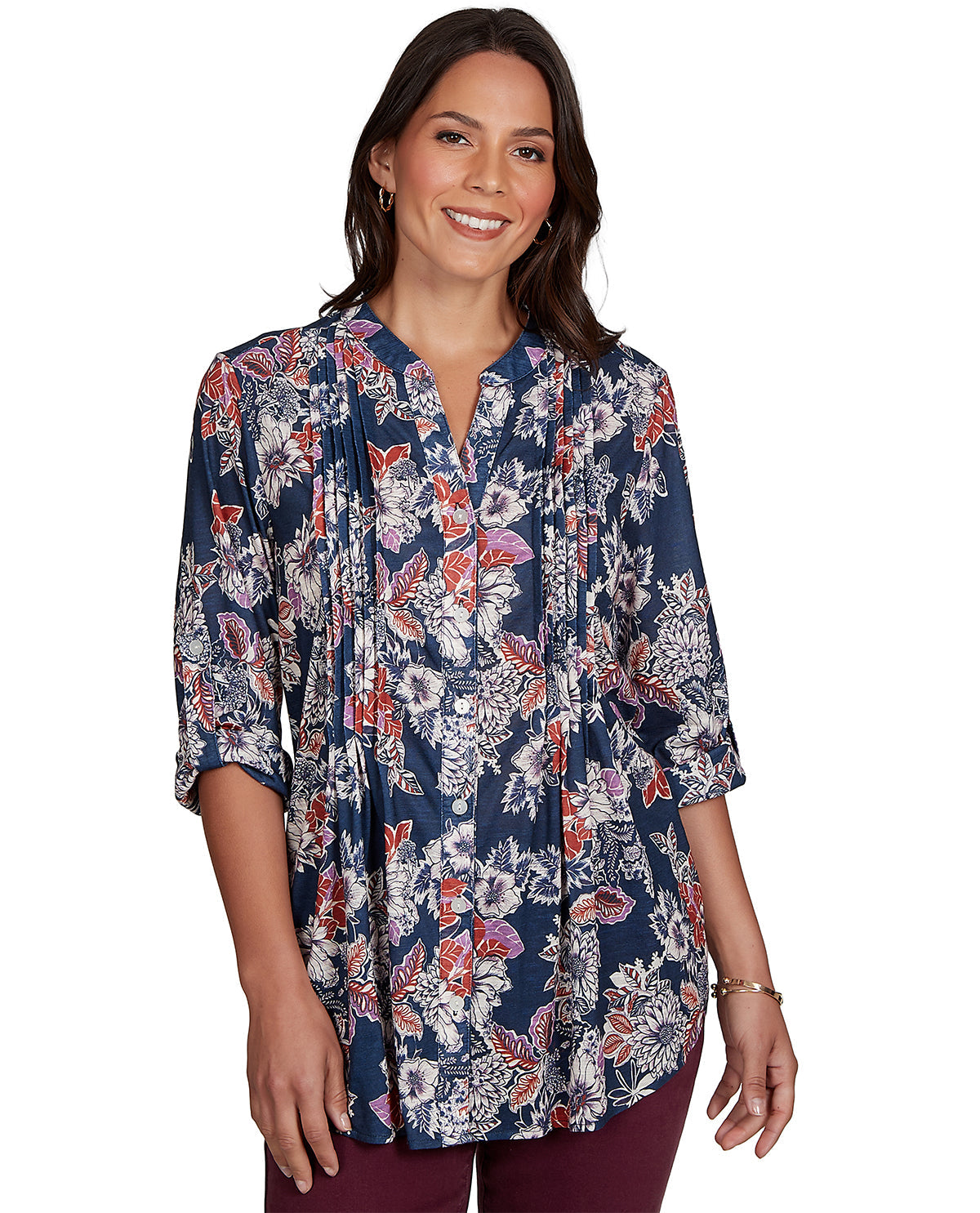 Woman wearing a floral blouse on a white background