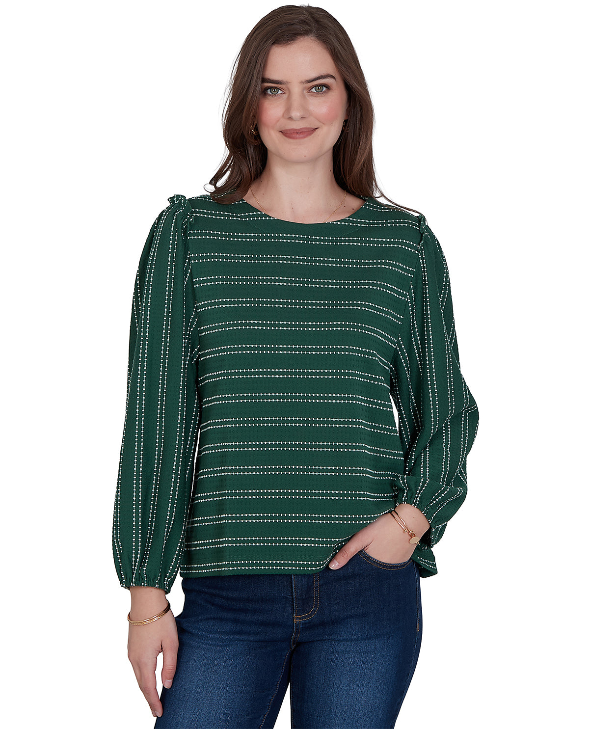 Woman wearing a petite green and white striped blouse with long sleeves on a white background