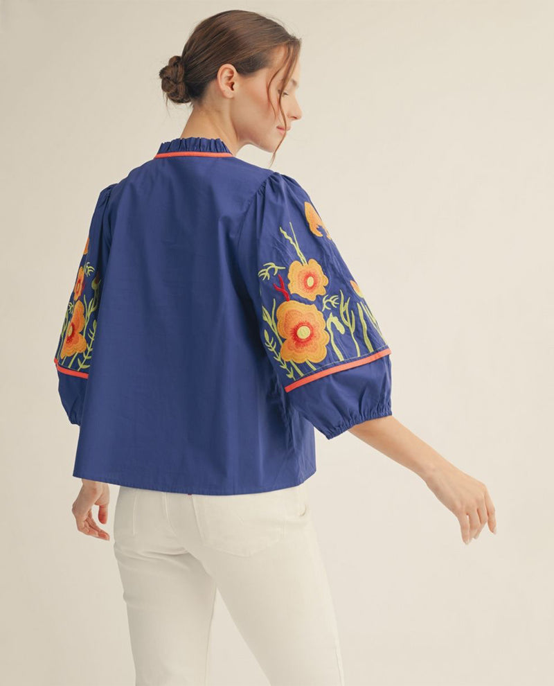 Jodifl Embroidered Sleeve Top Cobalt Blue