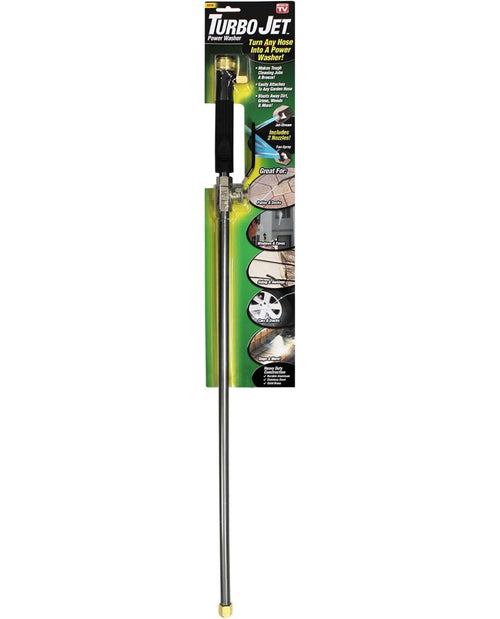 A Turbo Jet Power Washer attached to a packaging display stand, with the product details and images described previously.