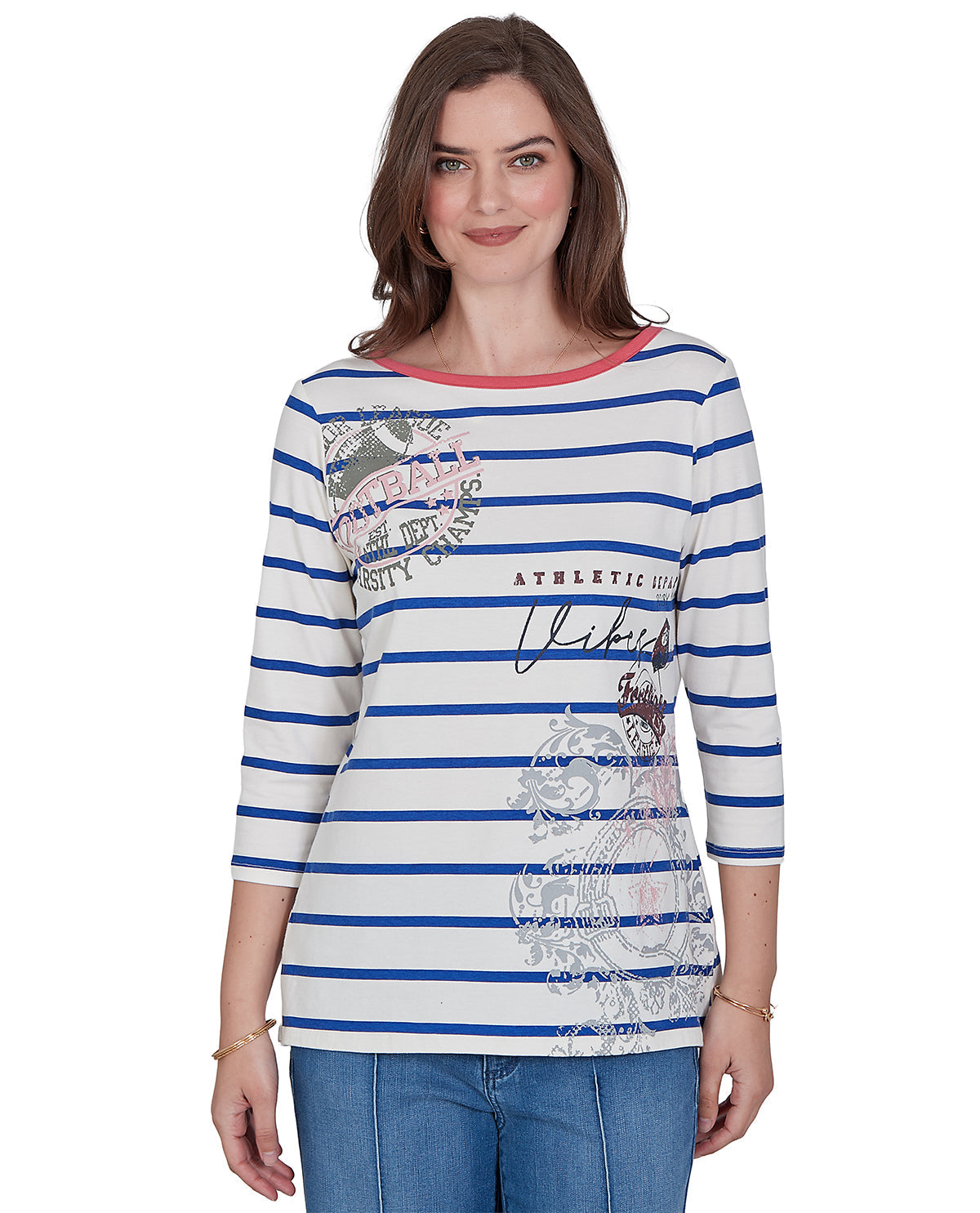 Woman wearing a blue and white striped shirt with graphic designs on a white background