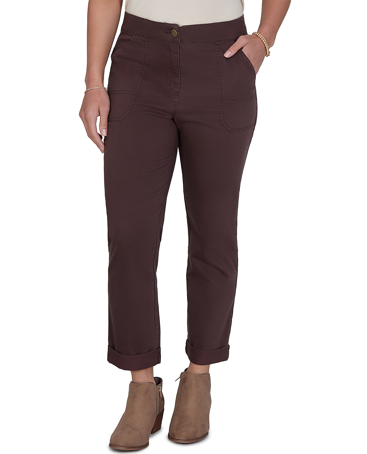Petite model wearing short cropped mocha pants