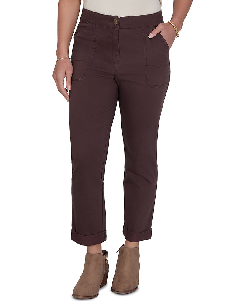 Petite model wearing short cropped mocha pants