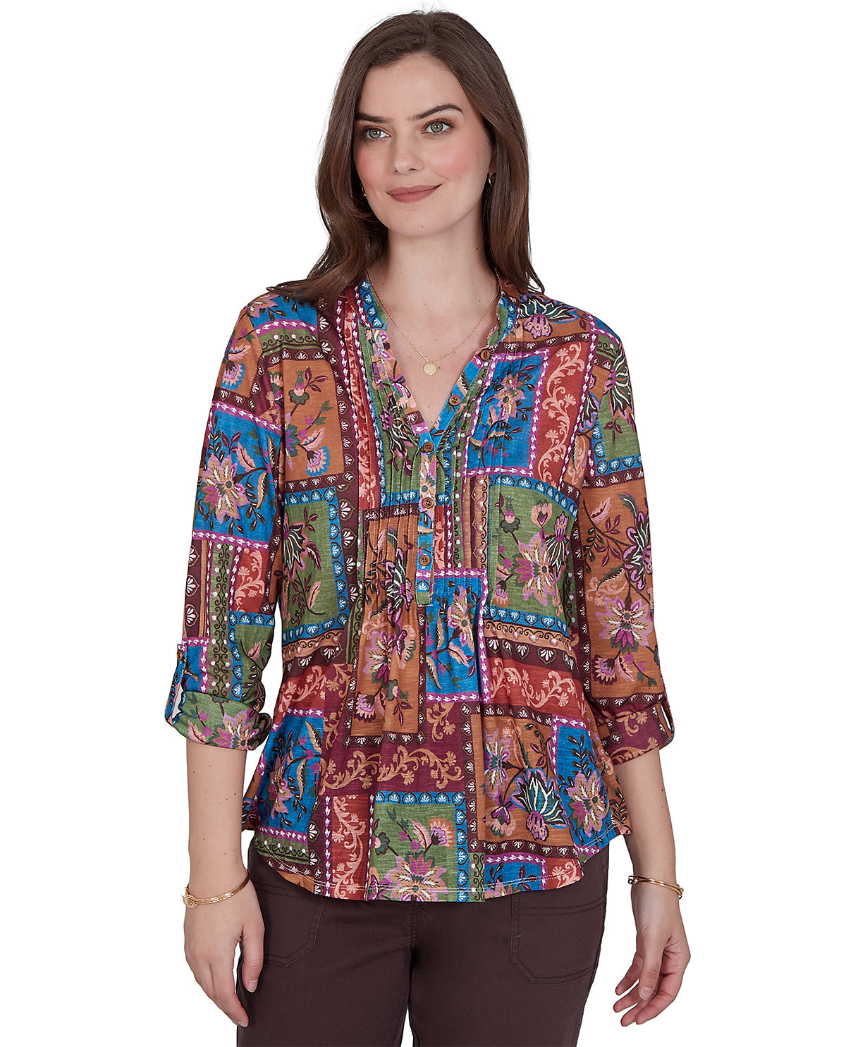 Woman model wearing a petite 3/4 floral multi color top