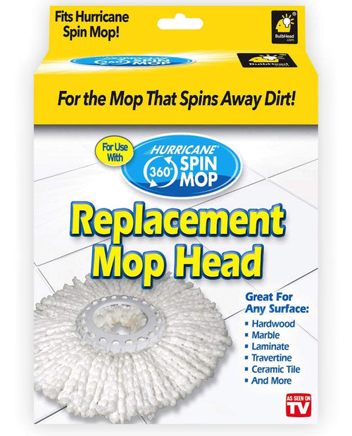 Replacement mop head packaging for Hurricane Spin Mop with text on a white background