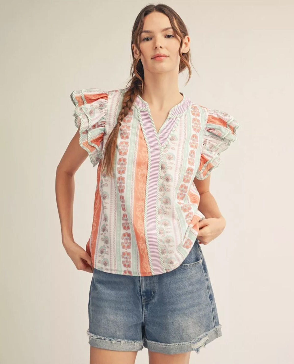 Jodifl Flutter Sleeve Print Top Seaform Orchid