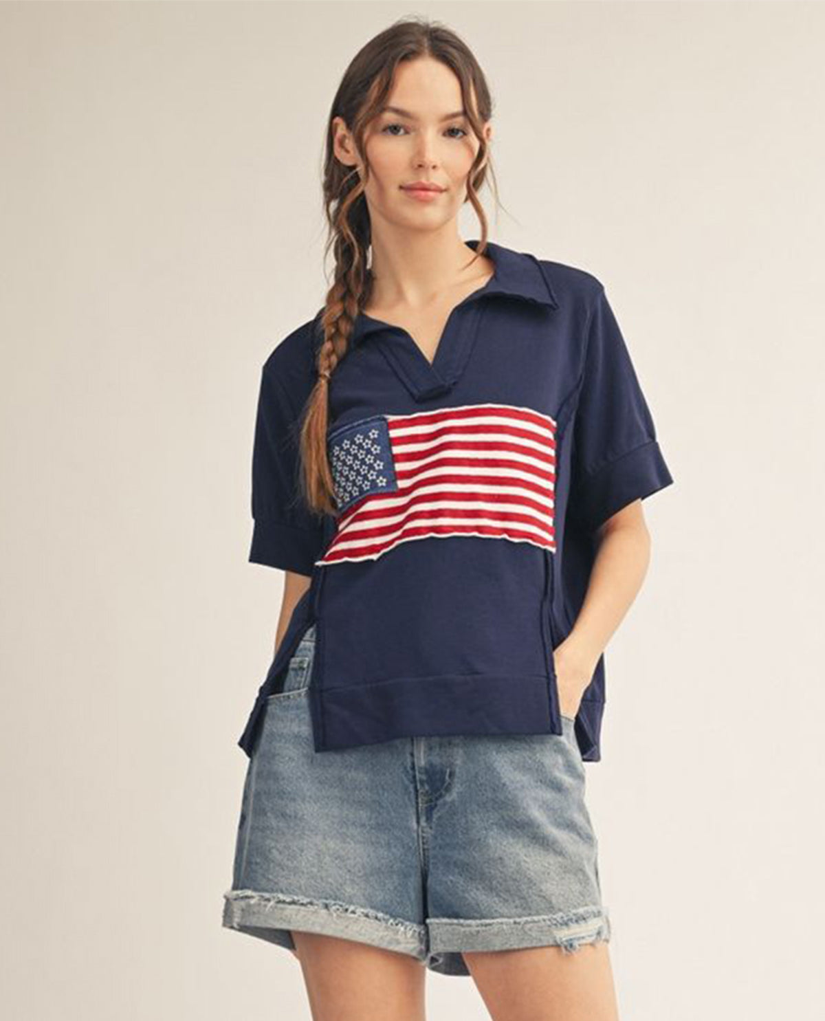 Jodifl Johnny Collar American Flag Top Navy