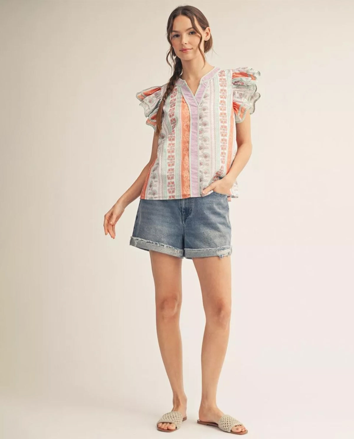 Jodifl Flutter Sleeve Print Top Seaform Orchid