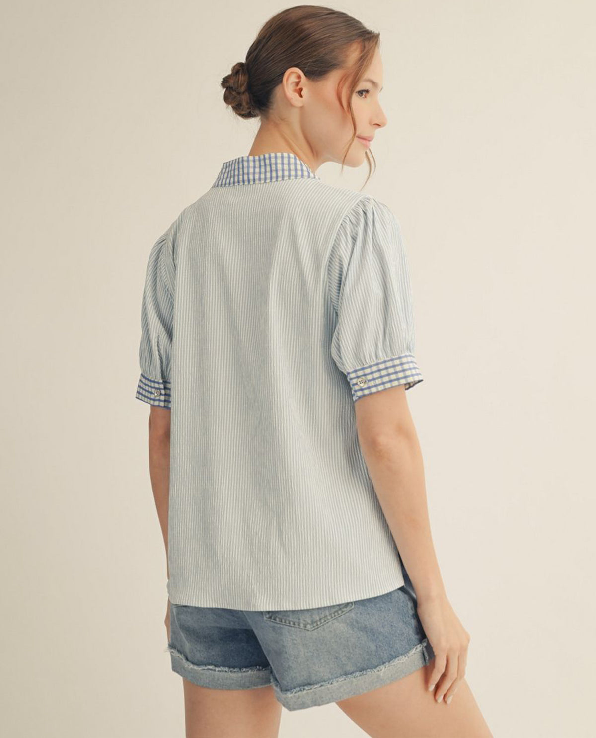Jodifl Stripe Top With Gingham Placket Blue