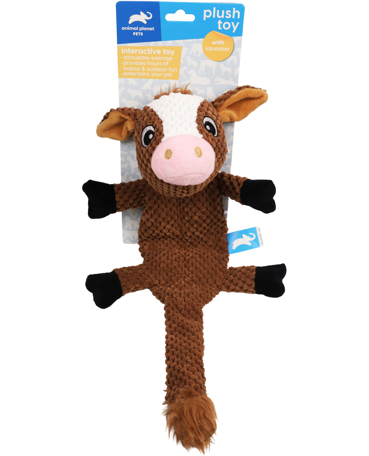 Plush cow toy with packaging on a white background