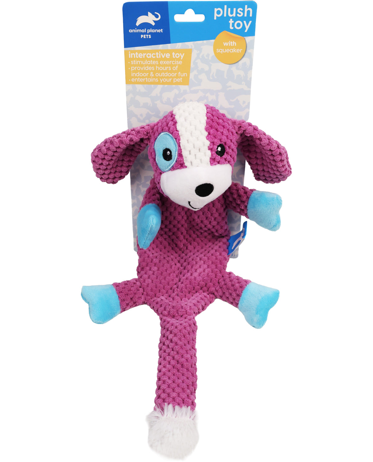 Pink plush dog toy with blue accents on a white background