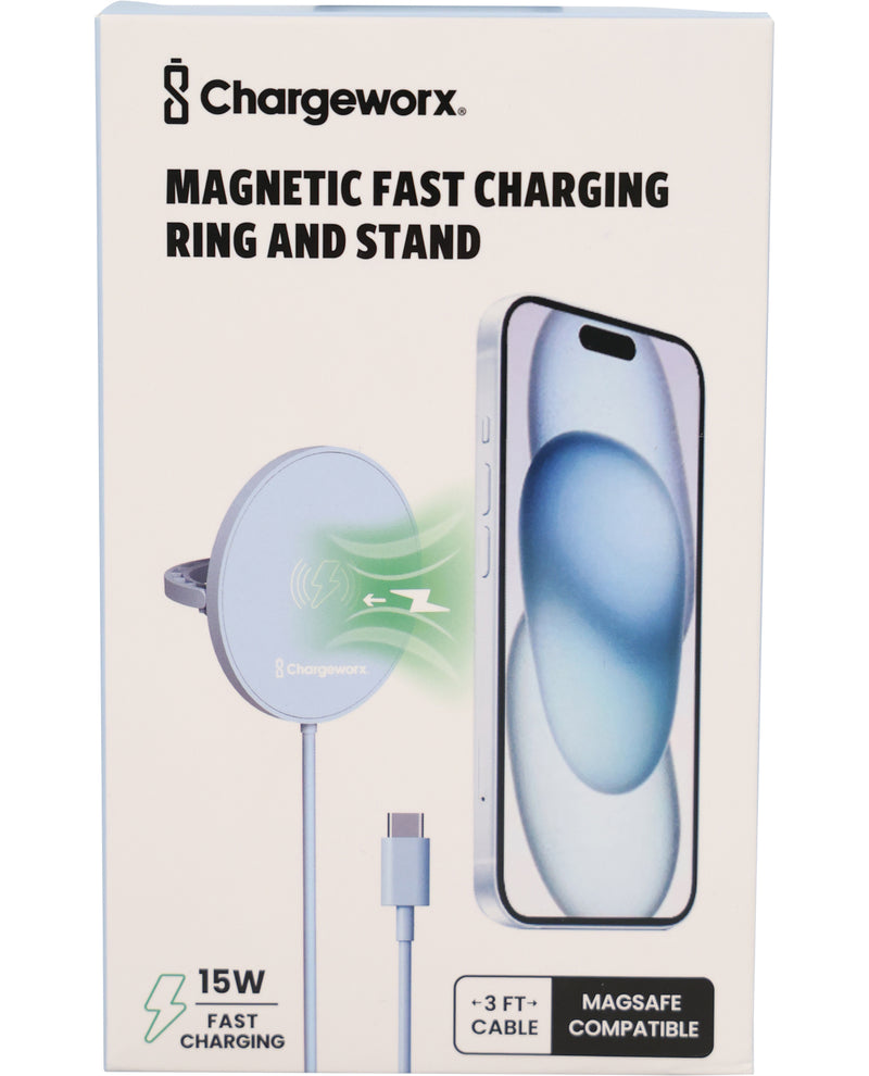 Chargeworx magnetic fast charging ring and stand packaging with phone and cable illustration.