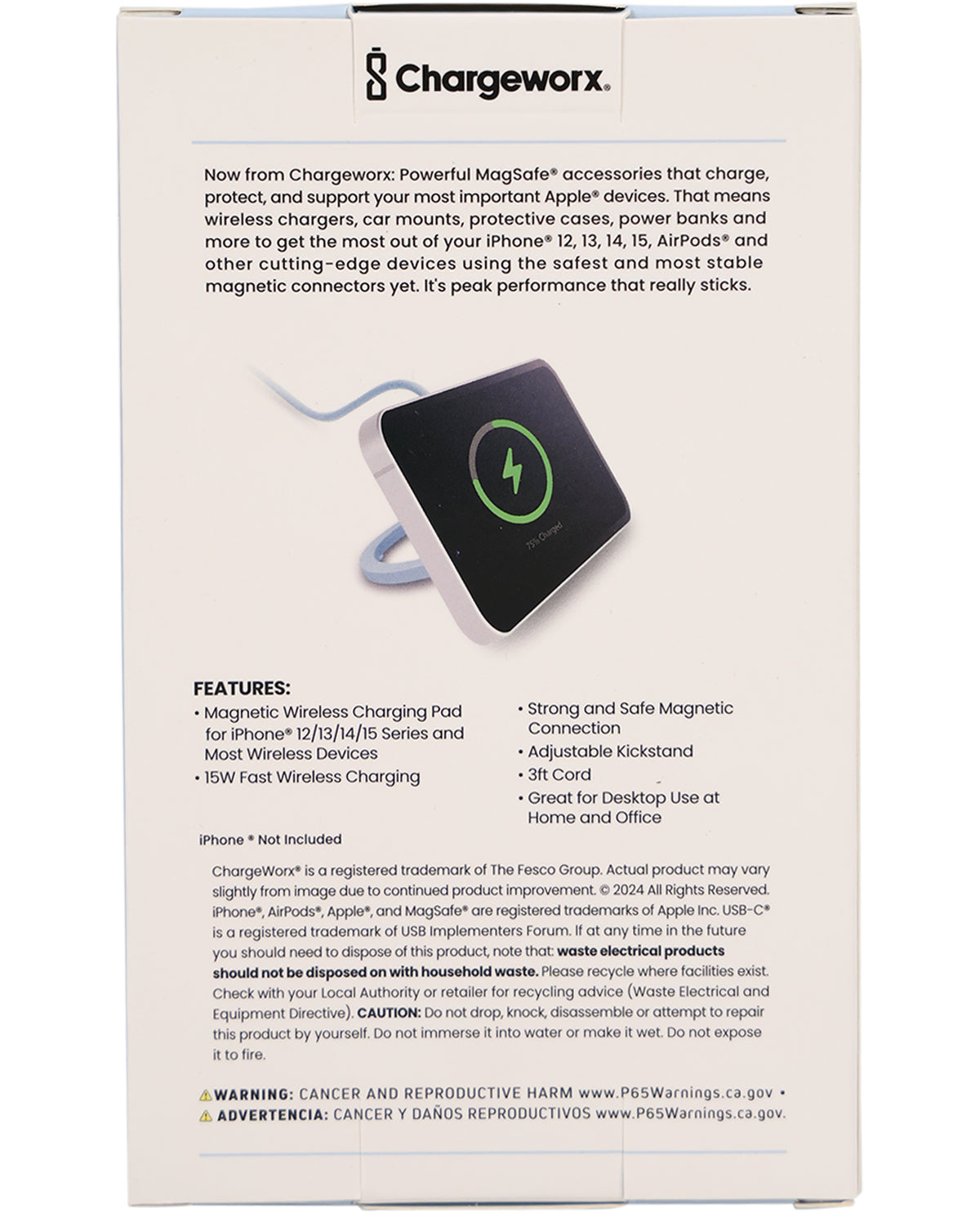 Chargeworx product packaging with text and a wireless charging pad illustration.