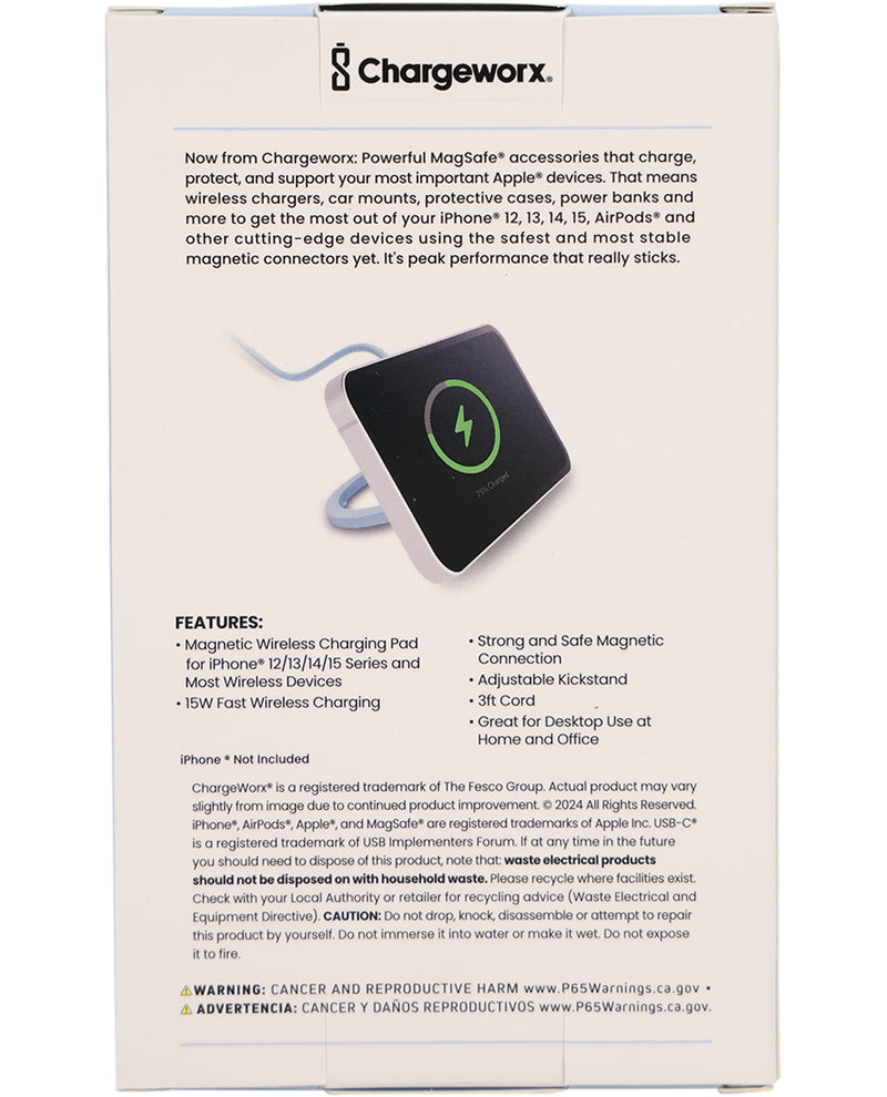 Chargeworx product packaging with text and a wireless charging pad illustration.