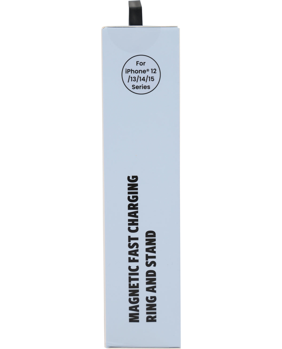 Light blue packaging for a magnetic fast charging ring and stand with text on a white background