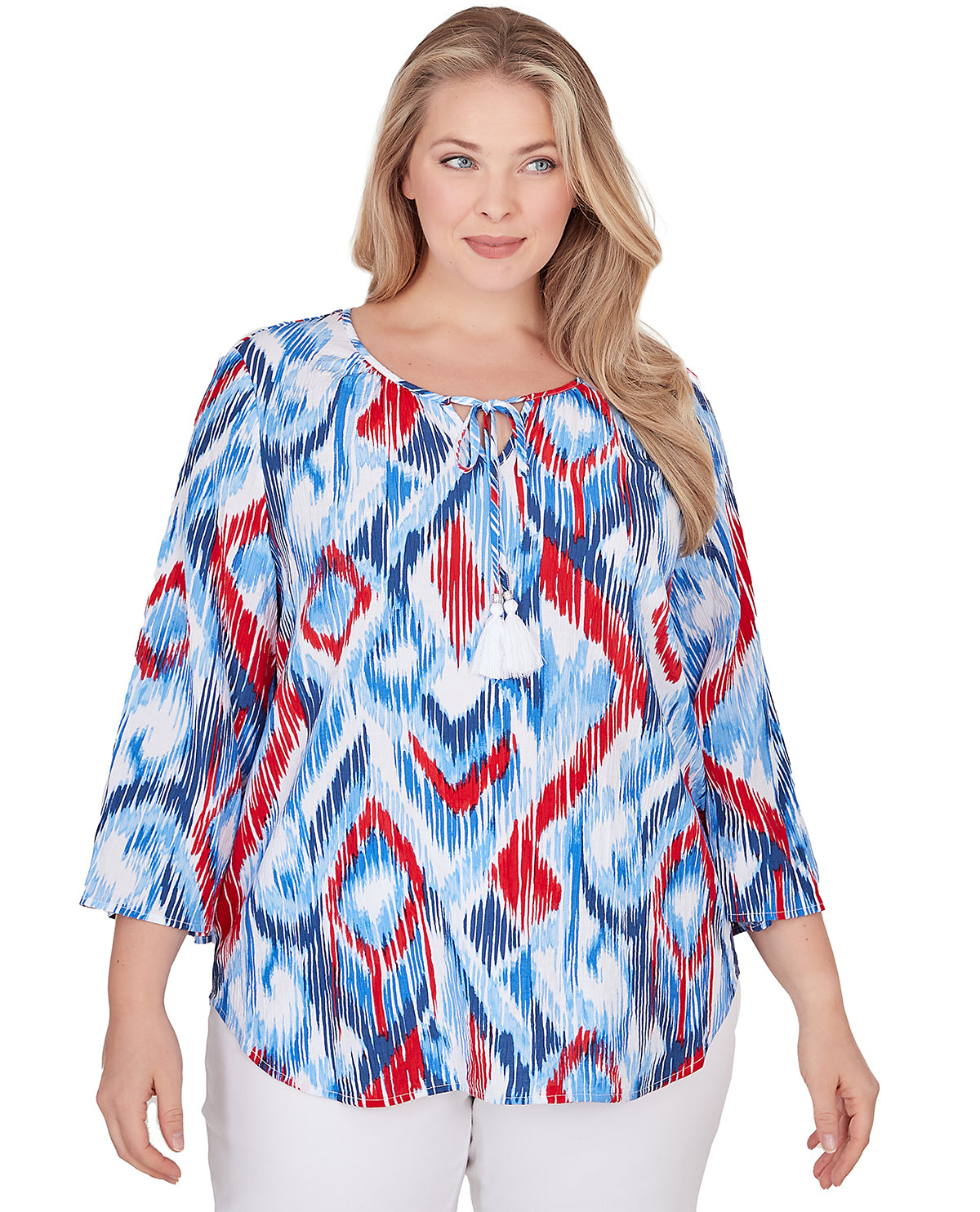 Ruby Road Red, White, and New Split Neck Tassel Top