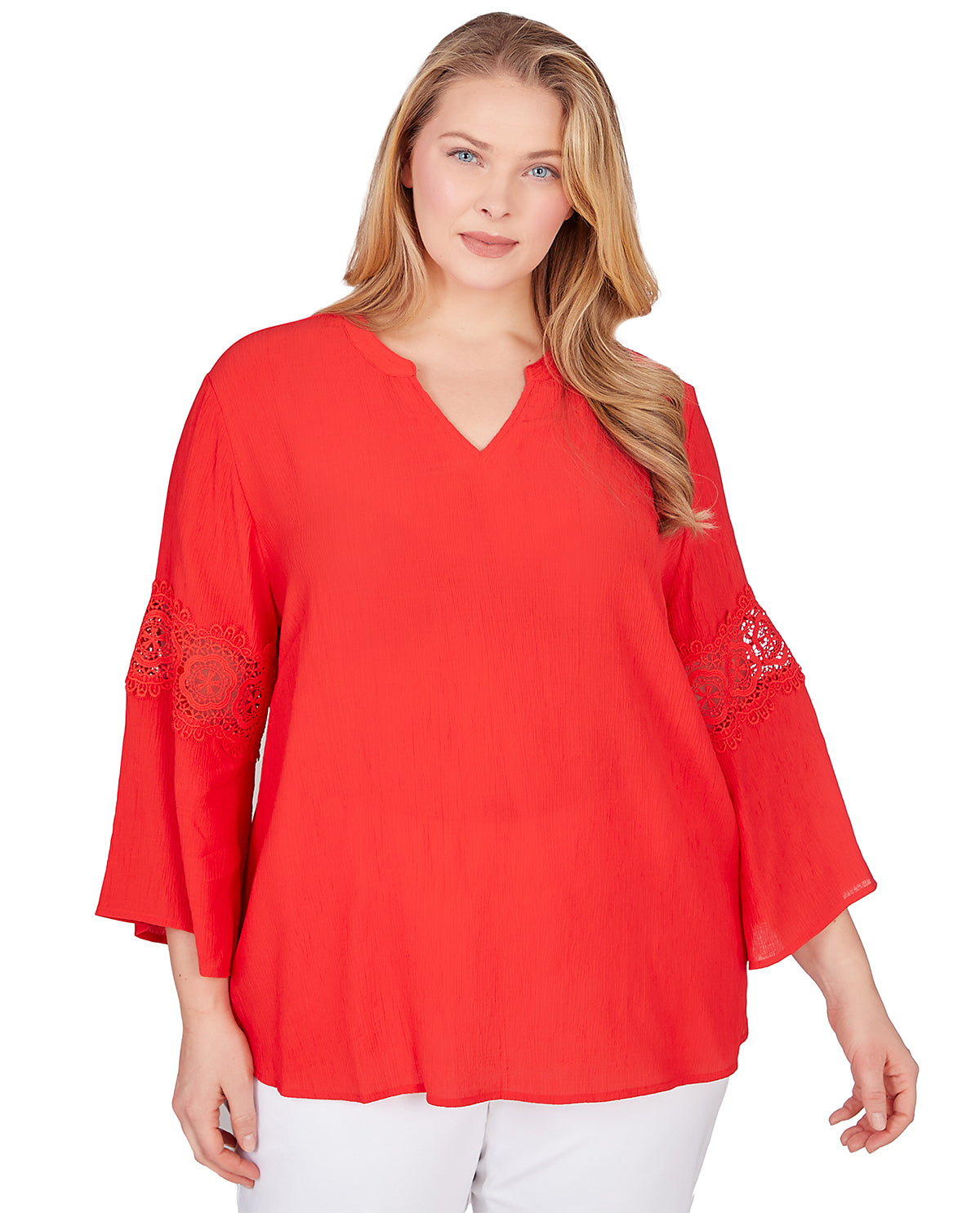 Ruby Road Split V-Neck Lace Inset 3/4 Sleeve Woven Gauze Top