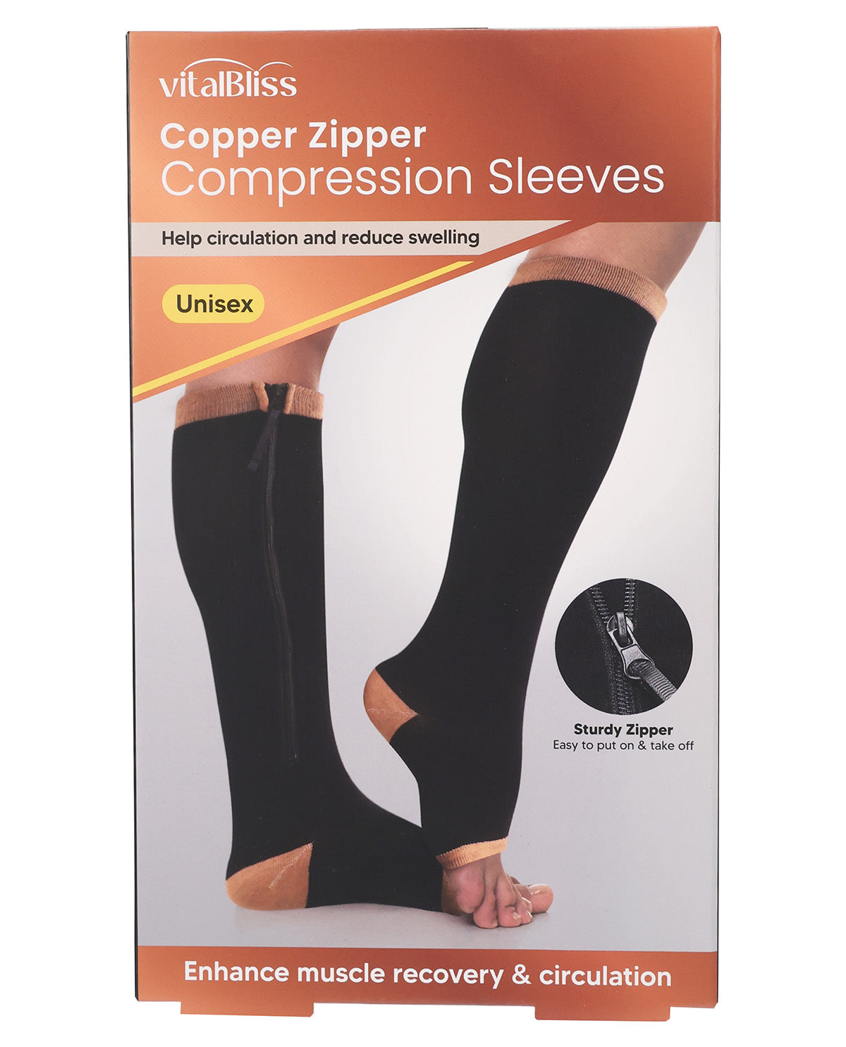 VitalBliss Copper Zipper Compression Sleeves retail packaging, showing a pair of black knee-high compression sleeves on a model's legs, with product text and a zipper detail inset.