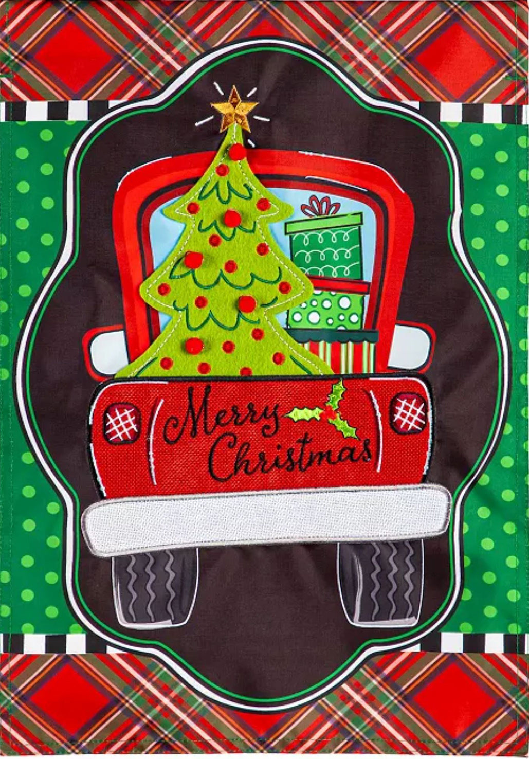 Patterned Christmas Truck Applique Garden Flag