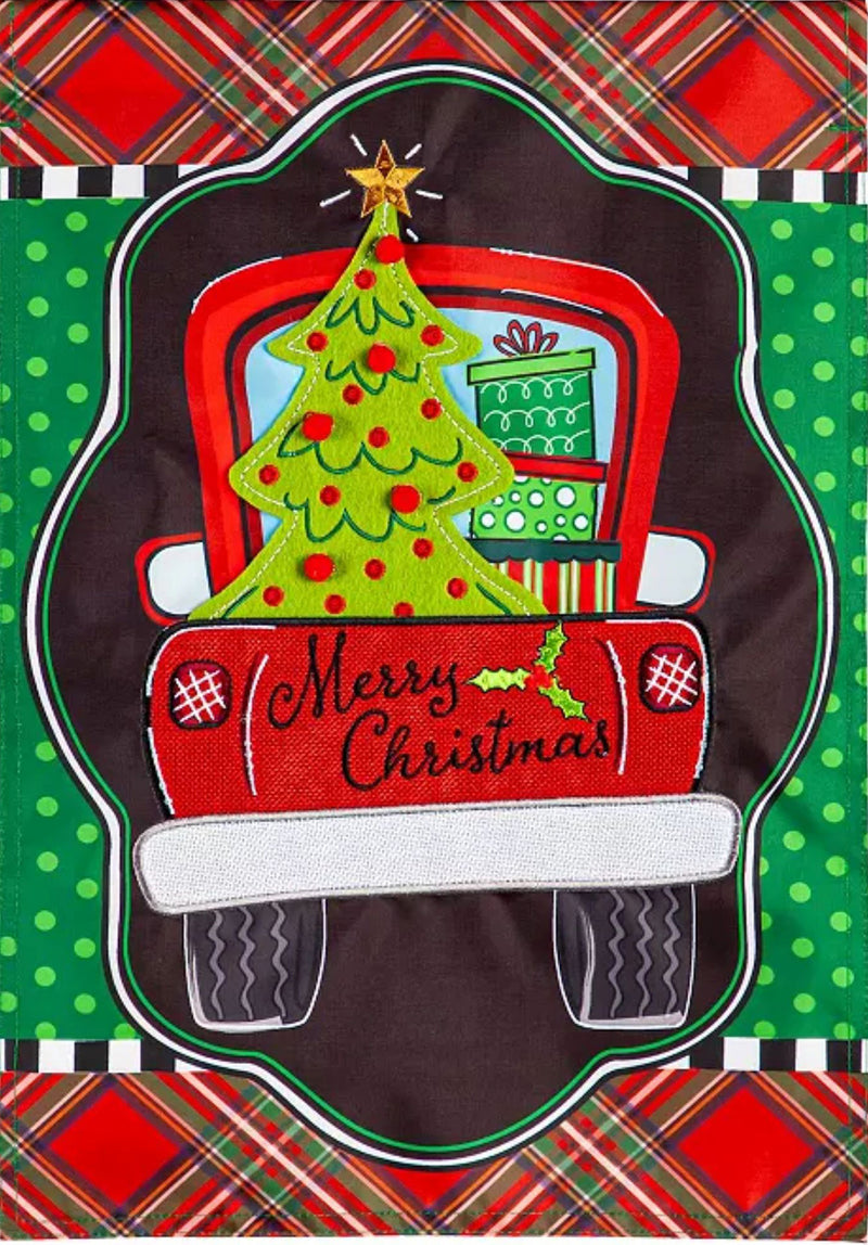 Patterned Christmas Truck Applique Garden Flag