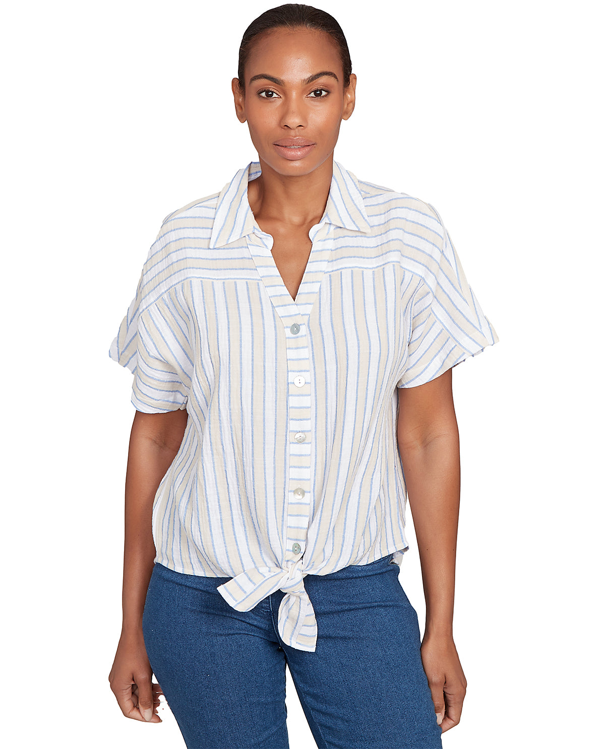 Ruby Road Right Stripe Tie Front Woven Top Blue Sky
