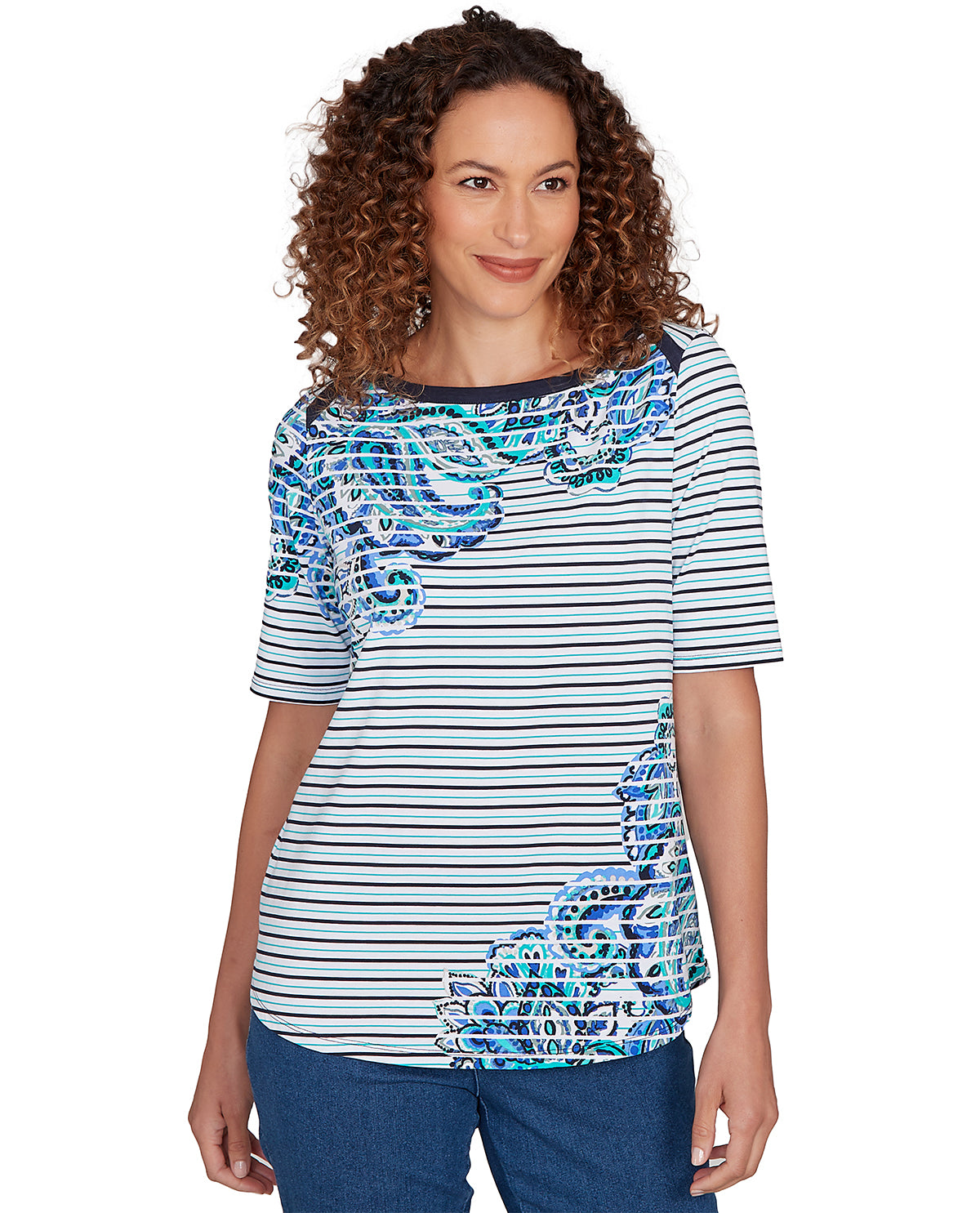 Ruby Road Stripe Right Paisley Knit Top Navy