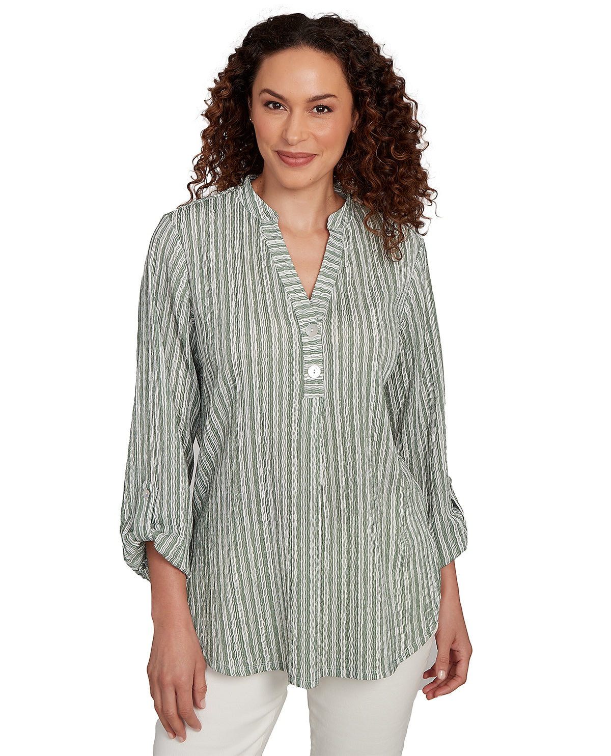 Ruby Road Stripe Right 3/4 Sleeve Crinkle Knit Top