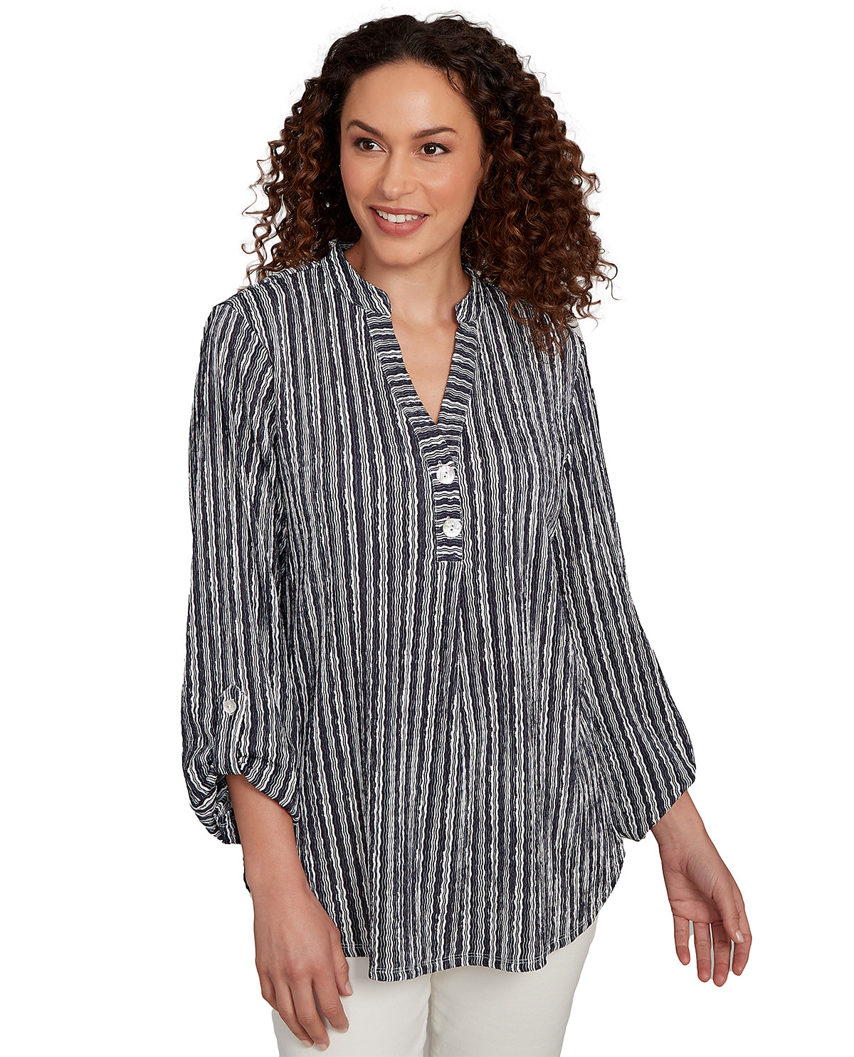 Ruby Road Stripe Right 3/4 Sleeve Crinkle Knit Top