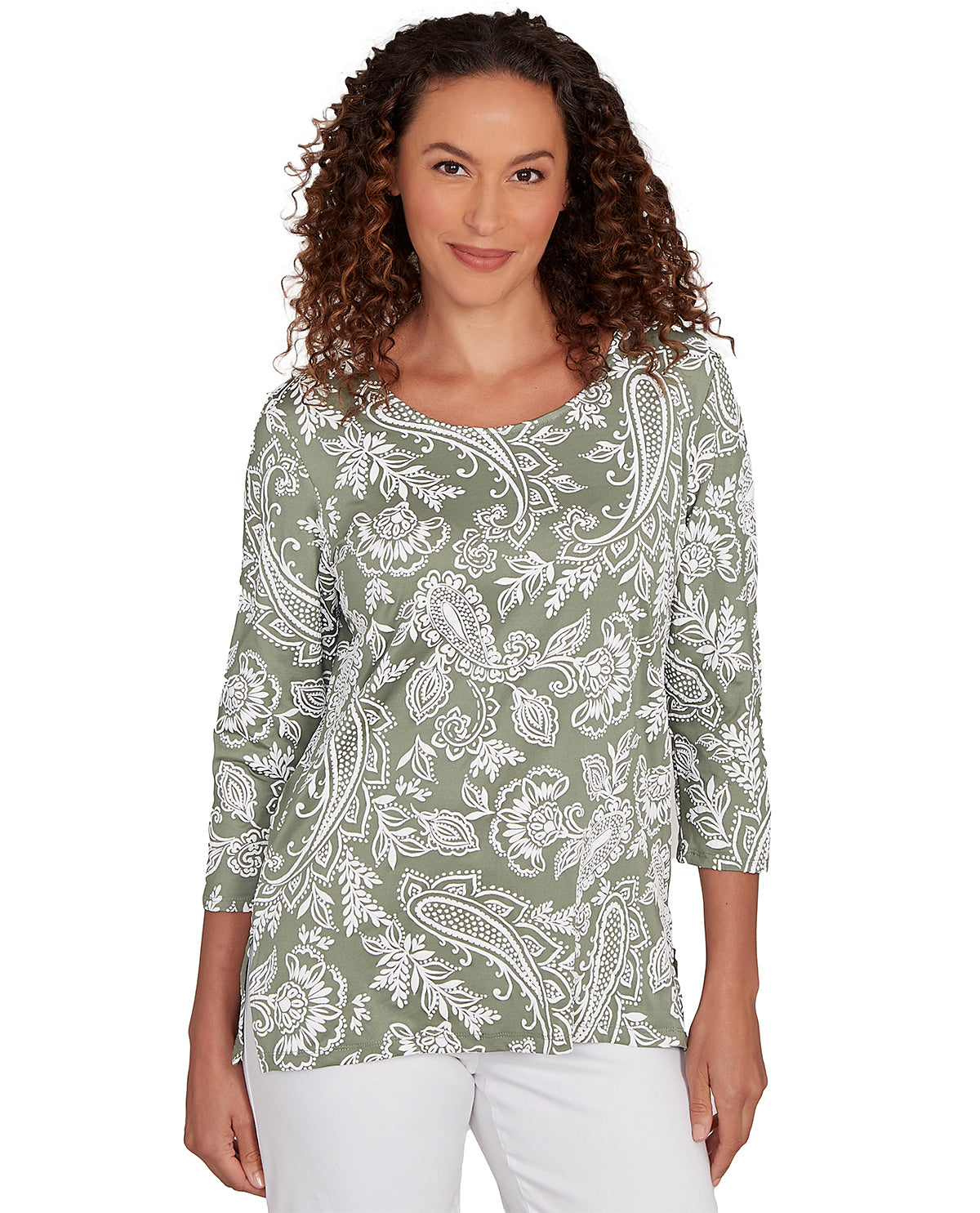Ruby Road Stripe Right 3/4 Sleeve Paisley Knit Top