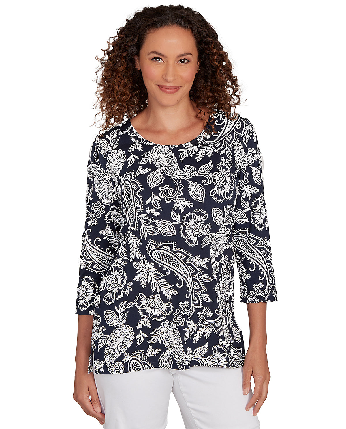 Ruby Road Stripe Right 3/4 Sleeve Paisley Knit Top