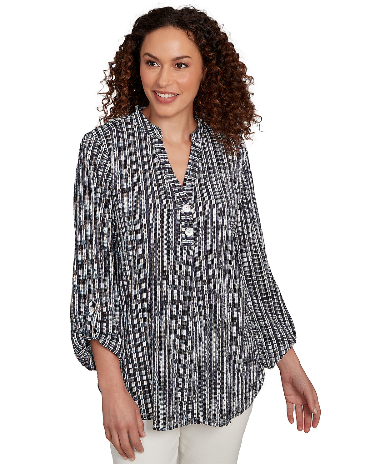 Ruby Road Petite Stripe Right 3/4 Sleeve Crinkle Knit Top