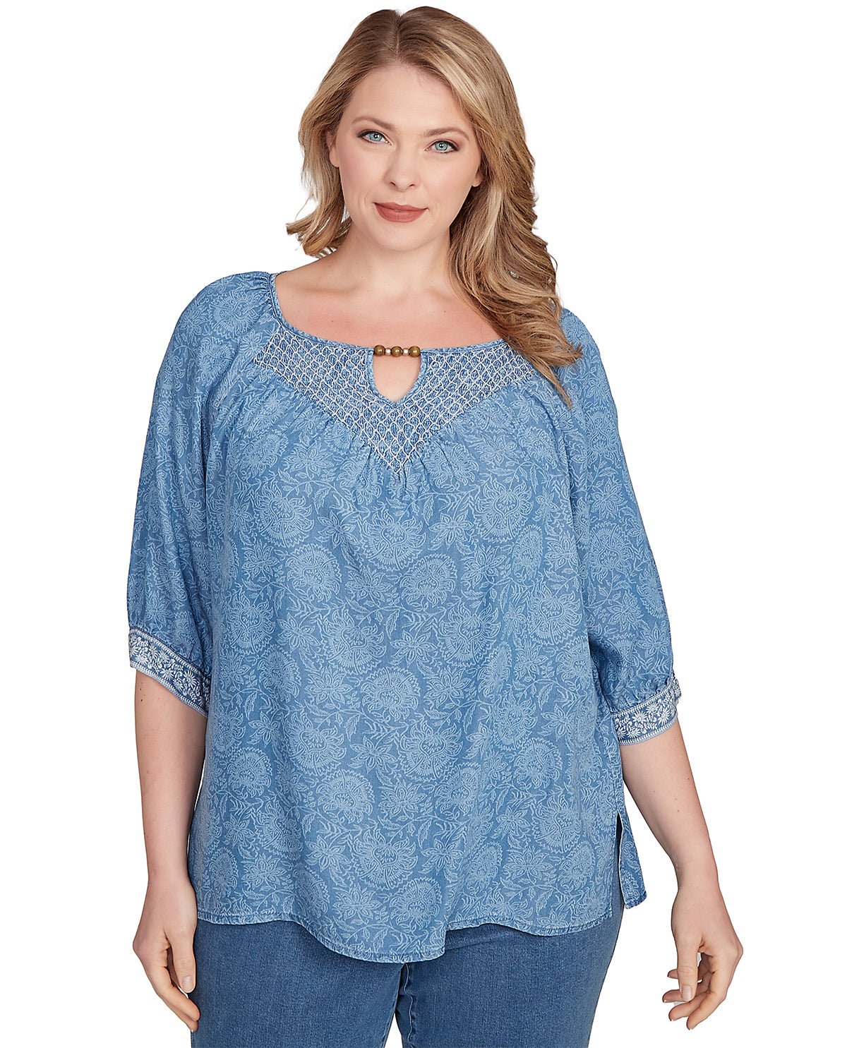 Ruby Road Boho Chic Border Print Tencel Top Blue