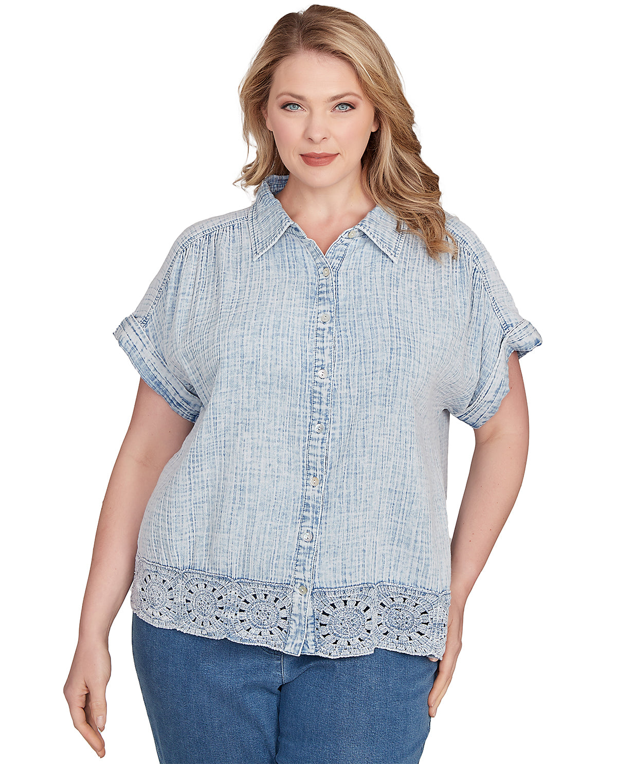 Ruby Road Boho Chic Short Sleeve Gauze Woven Top Chambray